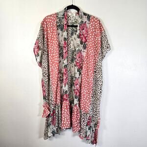 Umgee Patchwork Kimono Women's M/L Leopard Floral Mixed Print Ruffle Romantic